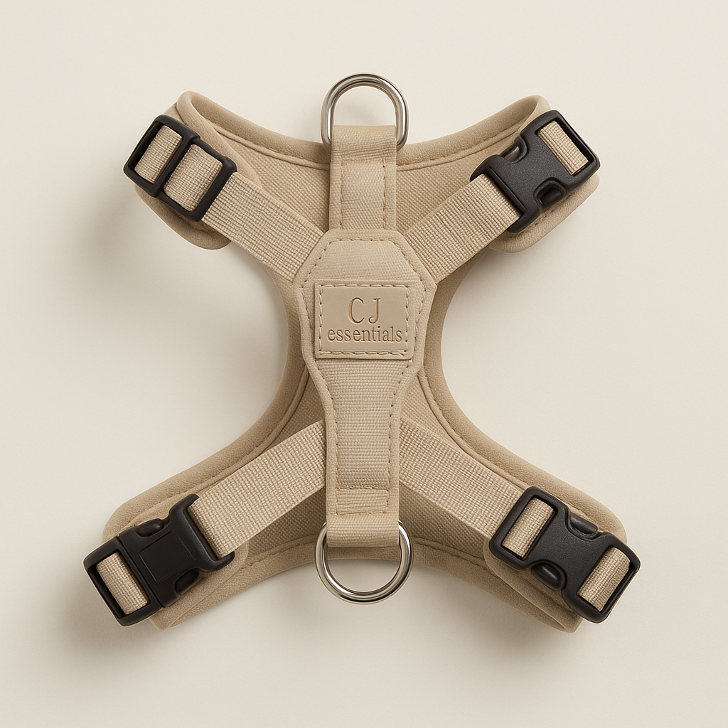 Beige dog harness by CJ essentials with adjustable straps and padded comfort.